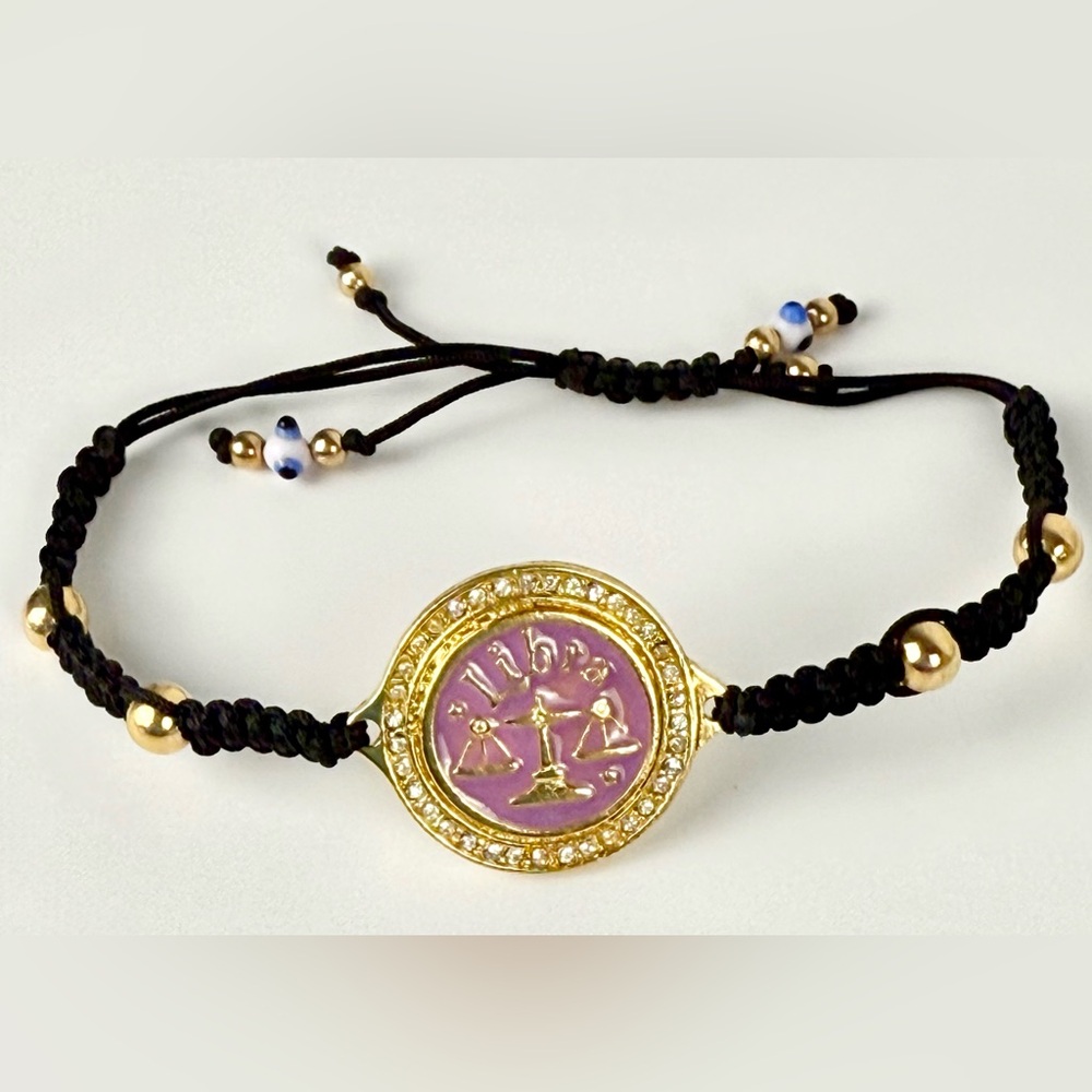 Pink Enamel Libra Zodiac Bracelet Adjustable Black Cord with Gold-Tone Accents